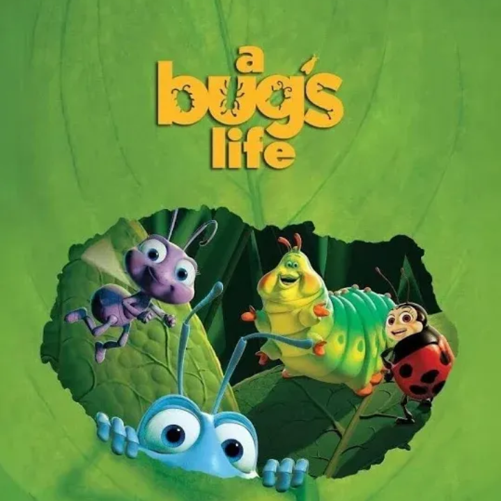 Bugs Life movie poster with colorful cartoon insects peeking through a leaf opening on green background