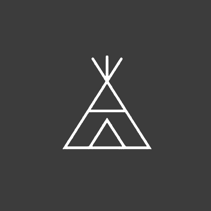 White geometric teepee-like logo on a dark gray background
