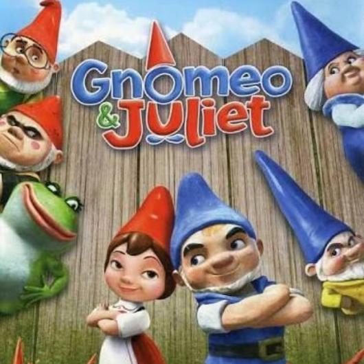 Gnomeo & Juliet movie poster with cartoon garden gnomes and the title on a wooden fence background