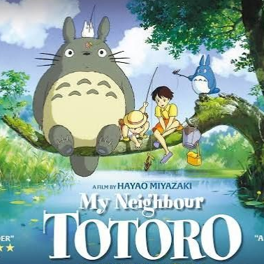 My Neighbor Totoro movie poster with Totoro, children, and forest spirits on a tree branch