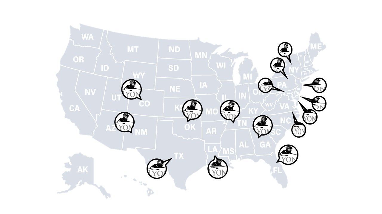 Map of the United States with speech bubbles indicating locations.
