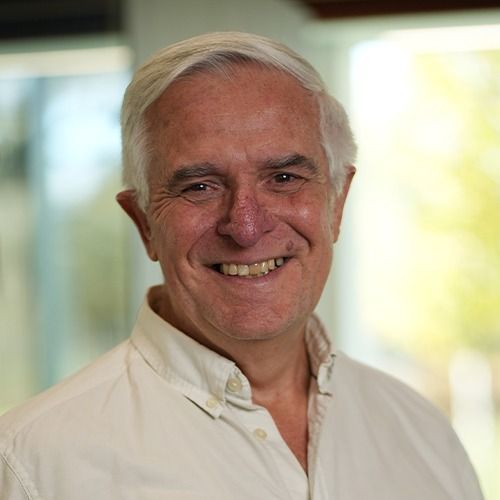 Woman in purple shirt smiles in front of green and purple foliage.