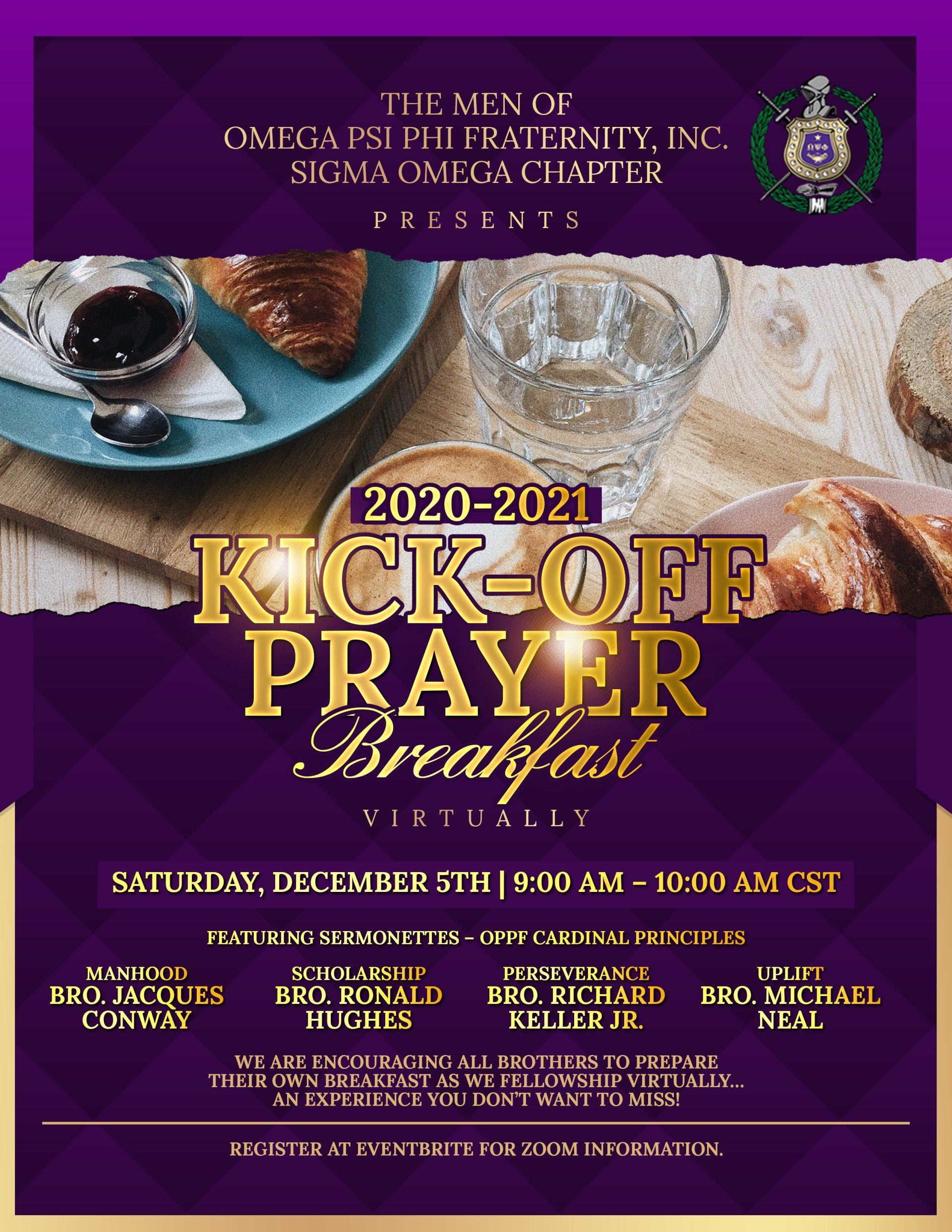 A purple poster for a kick off prayer breakfast.