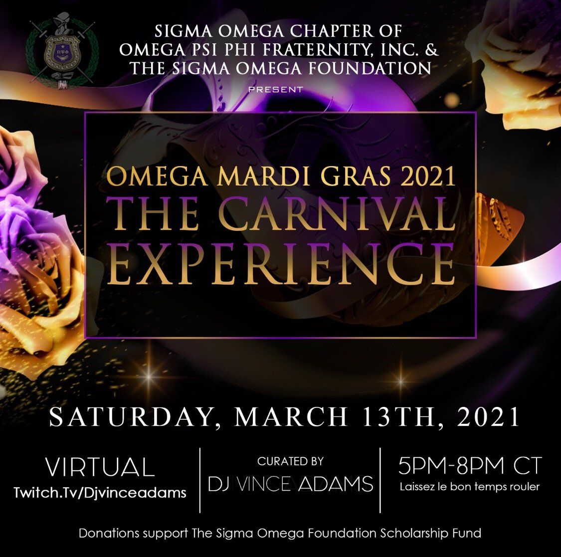 A poster for omega mardi gras 2021 the carnival experience