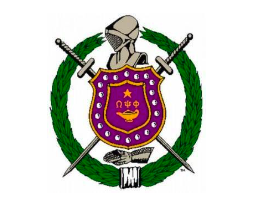 A purple shield with two crossed swords surrounded by a laurel wreath