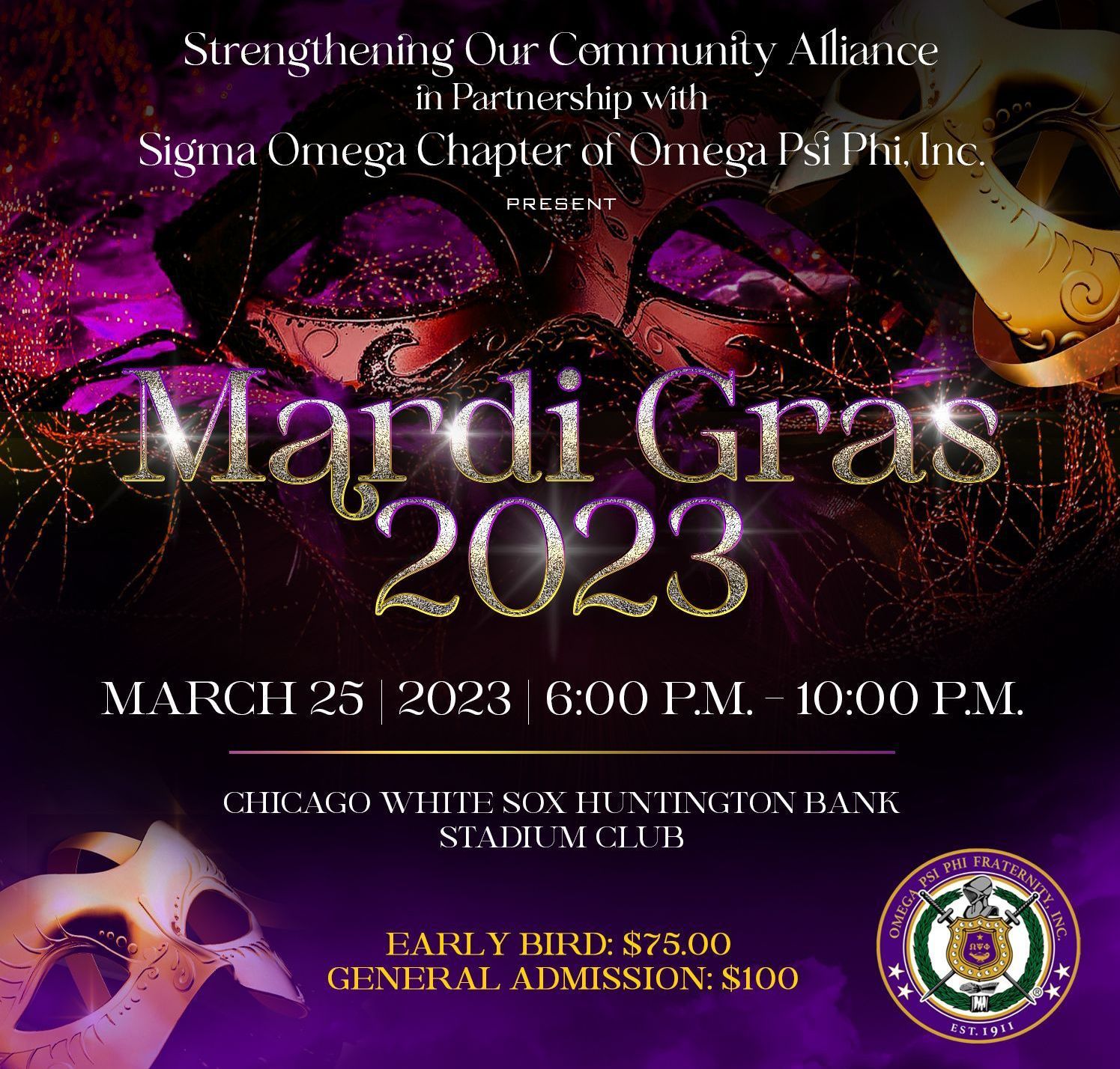 A poster for mardi gras 2023 with masks on it