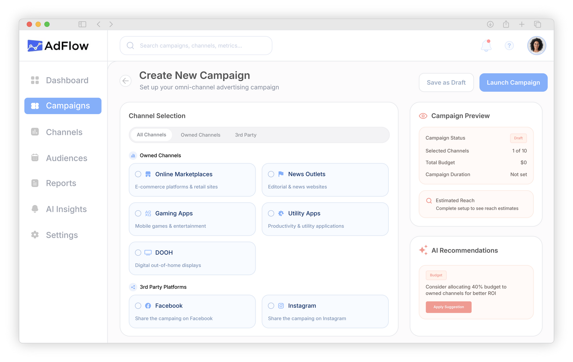 Dashboard interface for campaign creation with content options, a progress overview, and a user profile.