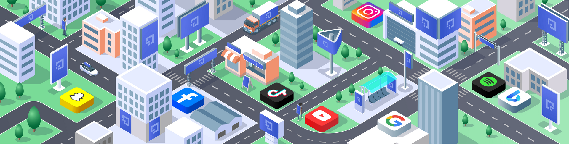 Isometric city illustration with apps and buildings.