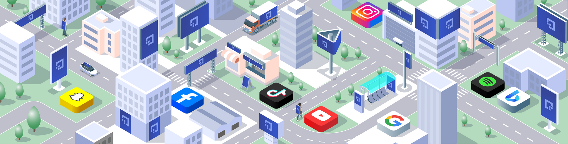 Isometric city illustration with apps and buildings.