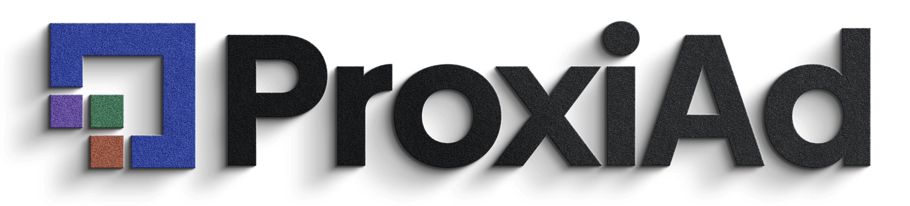 ProxiAd logo: Blue square with smaller colorful squares and black text with shadow.