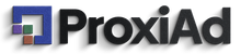 ProxiAd logo: Blue square with smaller colorful squares and black text with shadow.