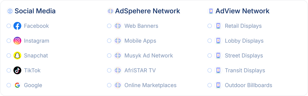 A list of advertising platforms, organized into social media, AdSphere Network, and AdView Network.