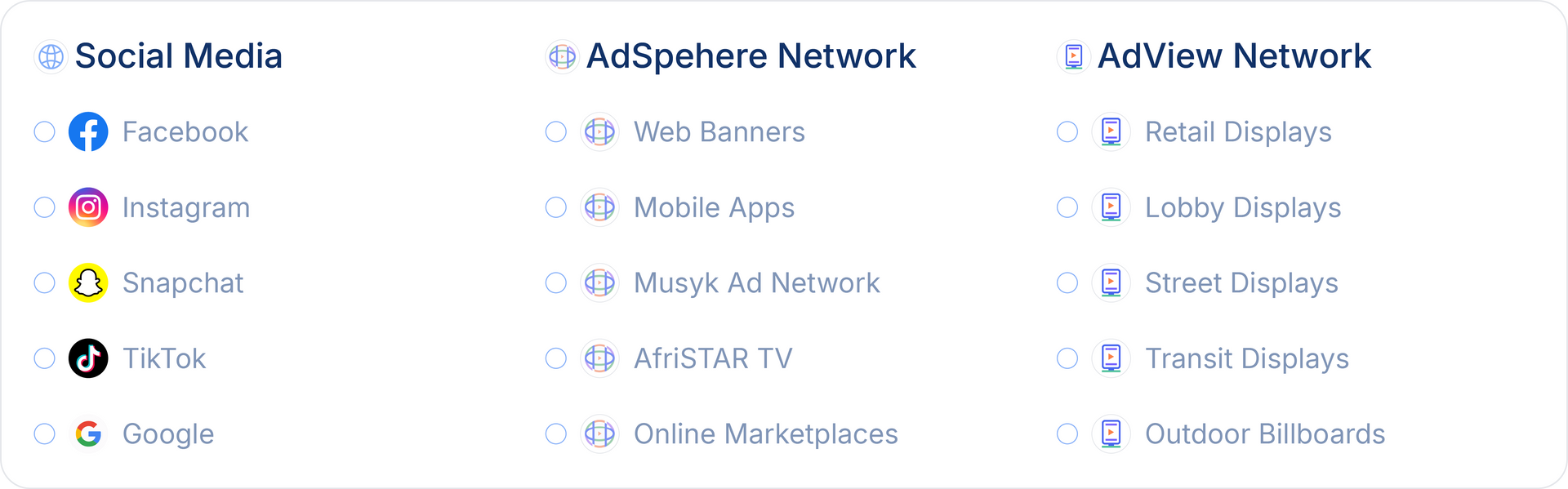 A list of advertising platforms, organized into social media, AdSphere Network, and AdView Network.