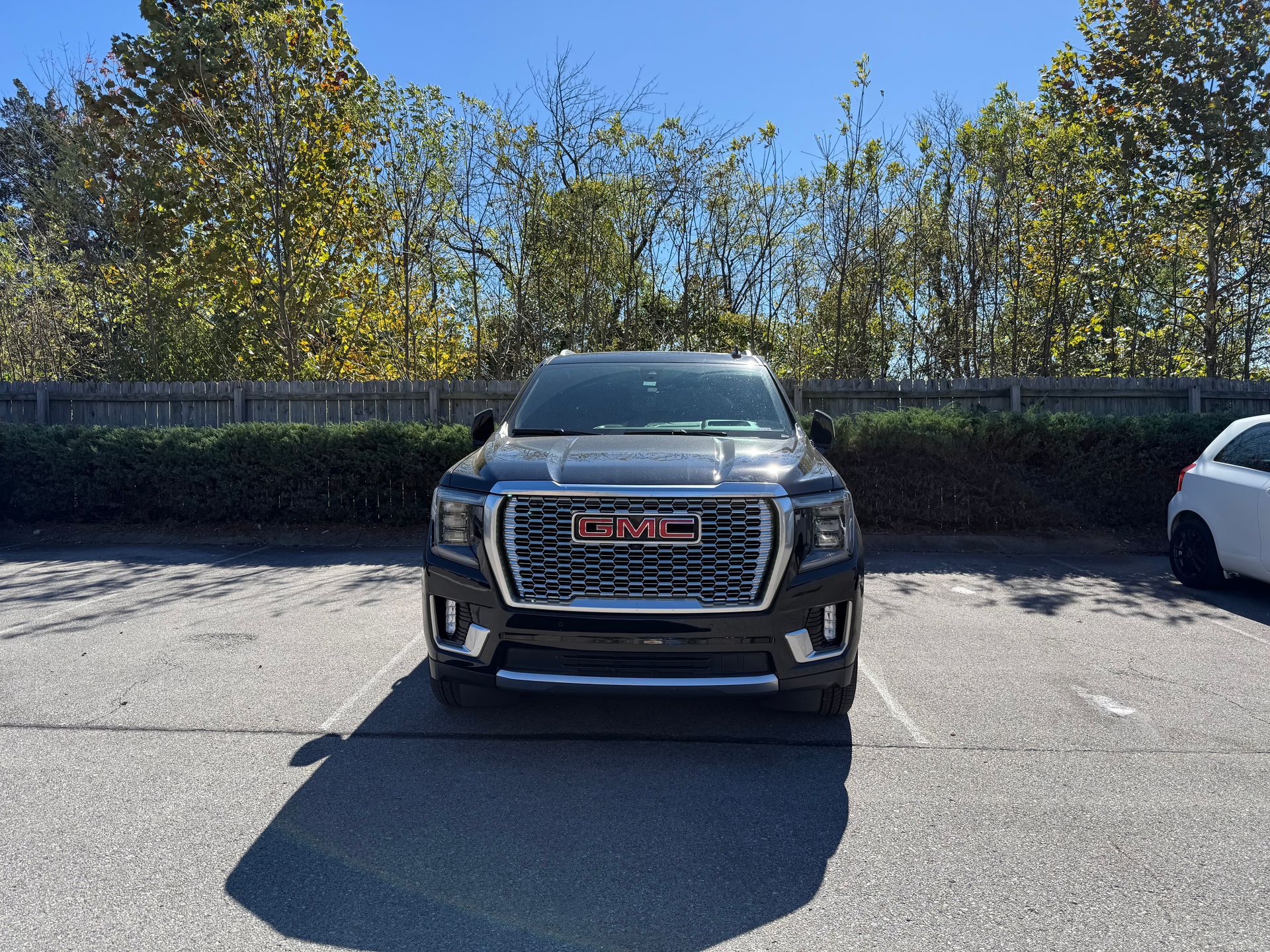 Black GMC Yukon SUV parked in a lot; bushes and trees in the background under a blue sky.