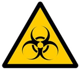 Un triángulo amarillo con un símbolo de riesgo biológico negro sobre él.