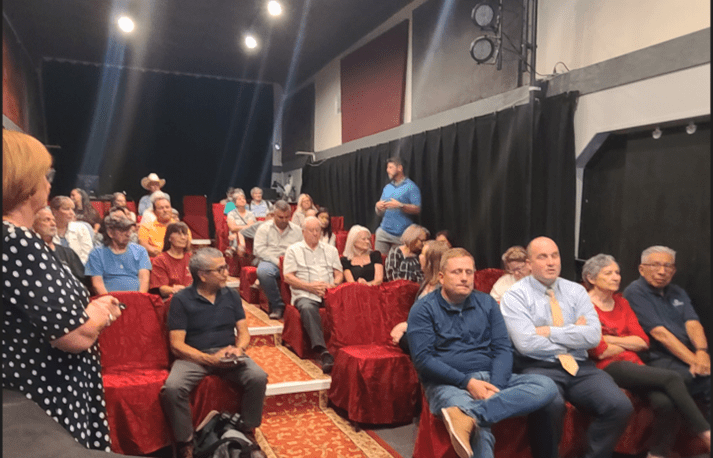 Audience in red chairs listening to a speaker in a dark theater.