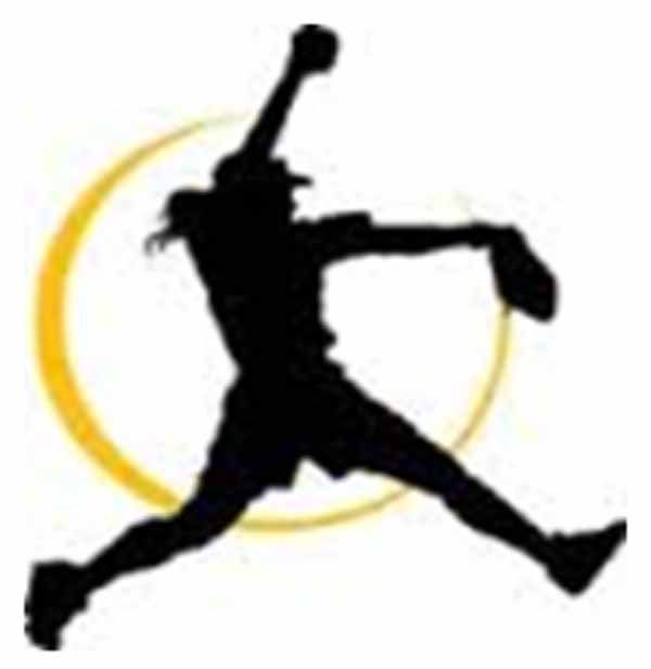 Silhouette of softball pitcher in mid-pitch, jumping with outstretched arm and ball; yellow arc behind.
