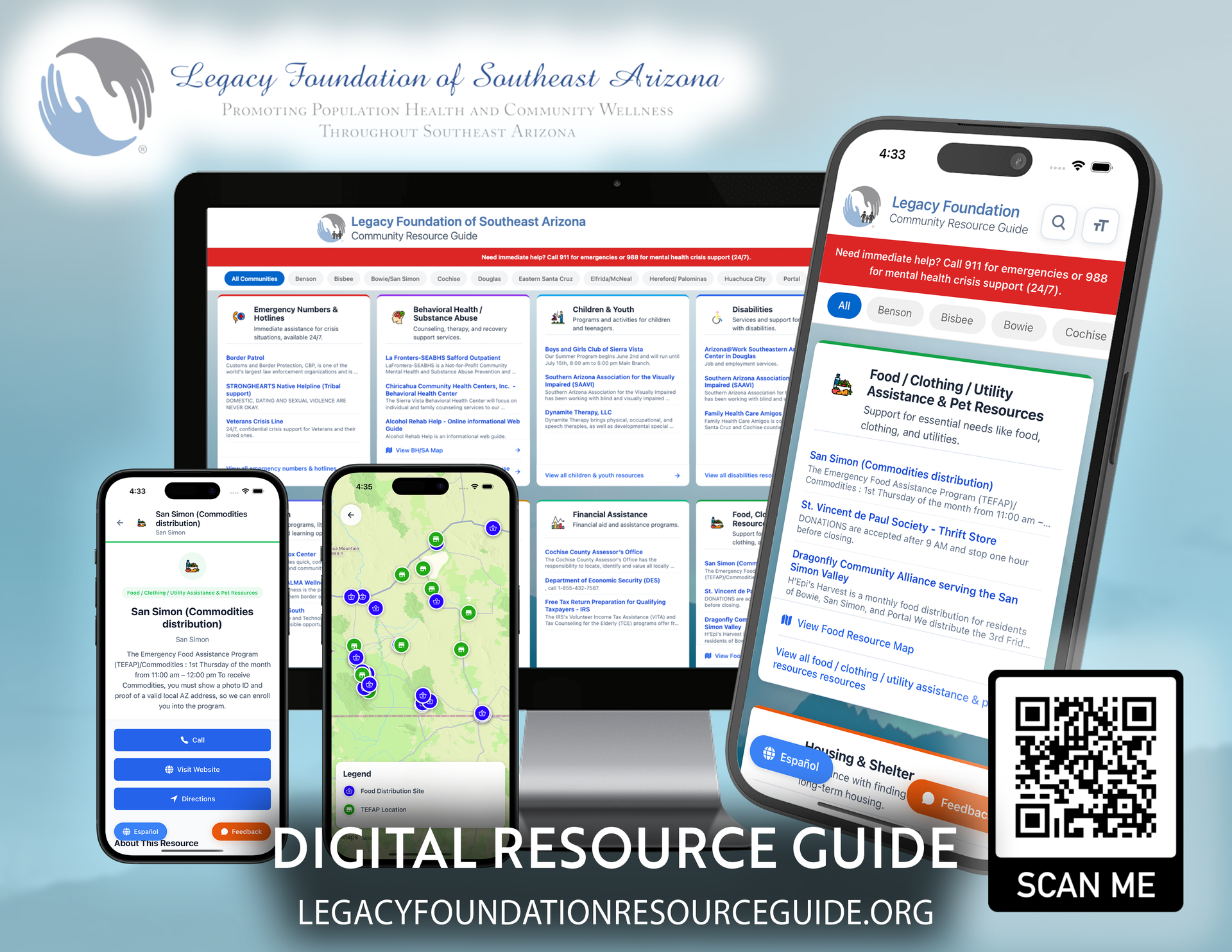 Desktop and phone screens displaying a website with a blue background and various icons. The header has the organization's logo.