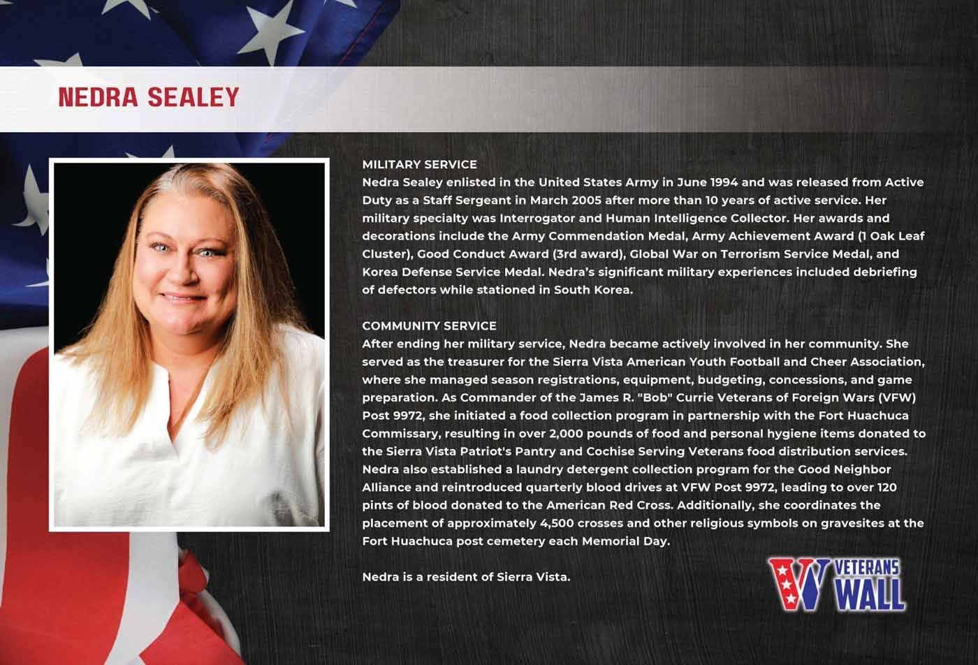 Nedra Sealey, a smiling woman with blonde hair, in front of a US flag; text detailing her military service and achievements.