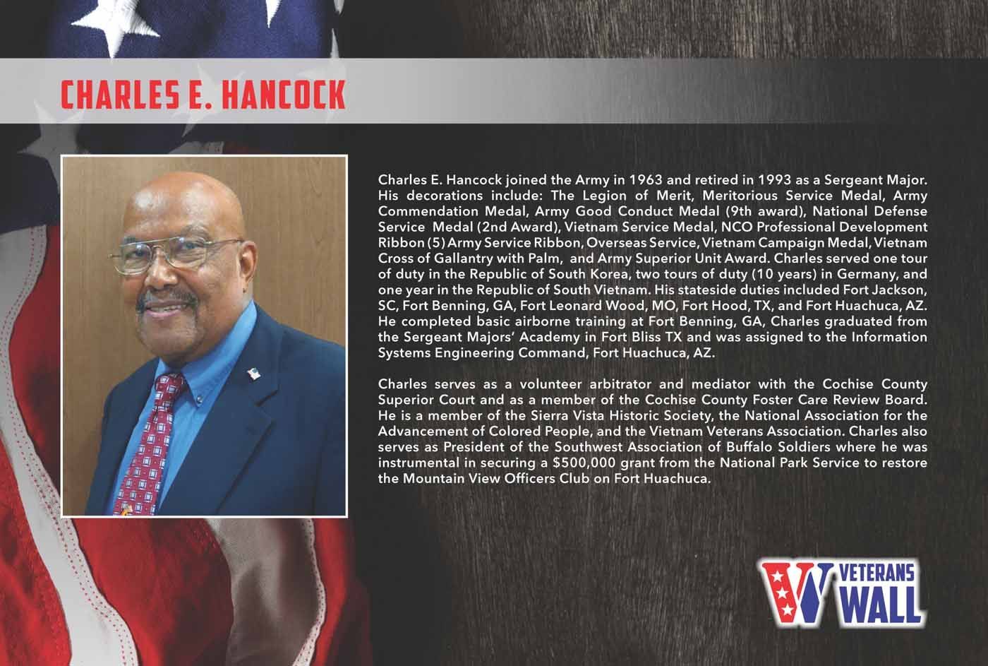 Charles E. Hancock. Photo of smiling man in suit, text block, "Veterans Wall" logo, American flag background.