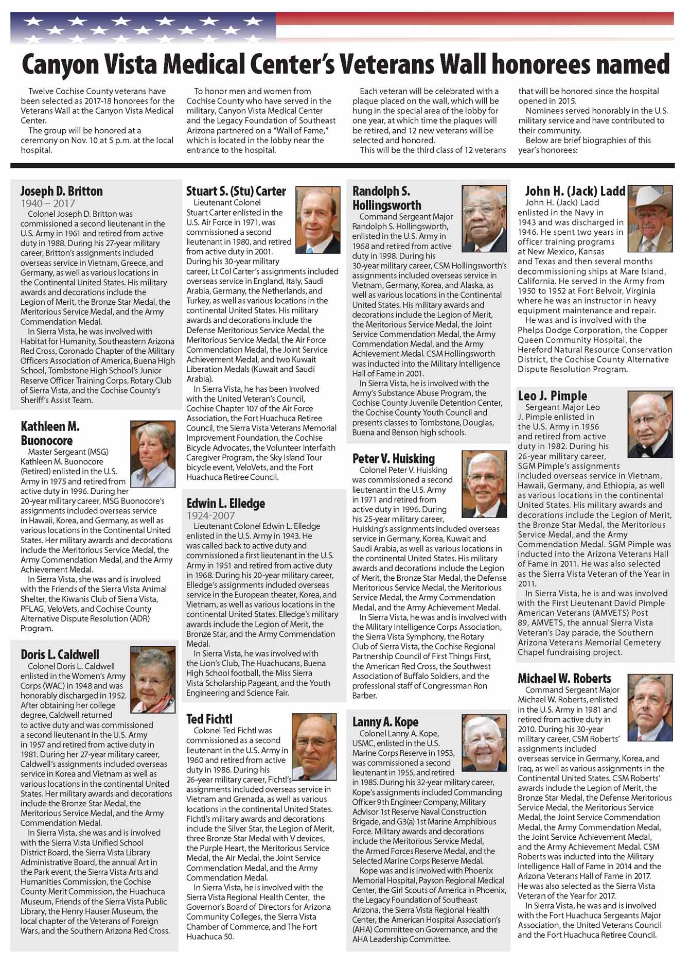 Canyon Vista Medical Center honors veterans on a wall. Portraits and bios of veterans are arranged on a newspaper page.