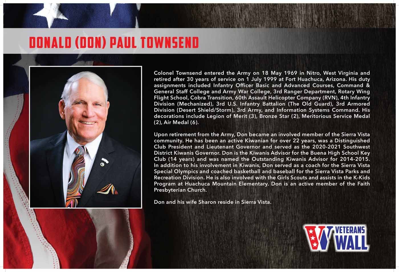 Colonel Donald (Don) Paul Townsend's photo with brief bio against an American flag backdrop, Veterans Wall logo.