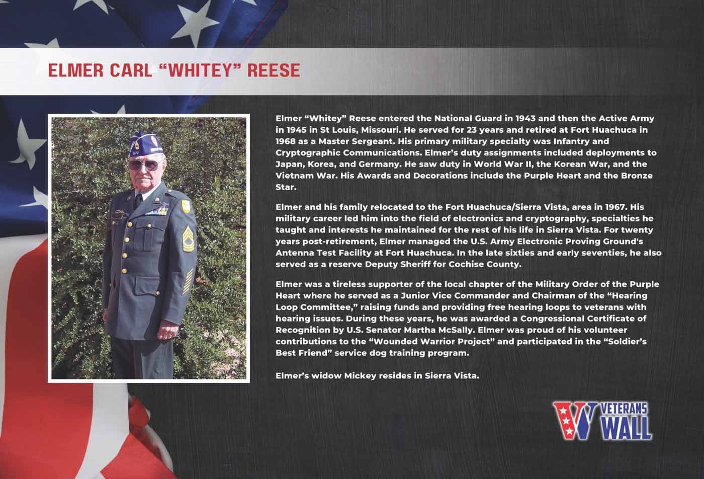 Elmer Carl "Whitey" Reese in military uniform, in front of an American flag. Text details his life, service and accomplishments.