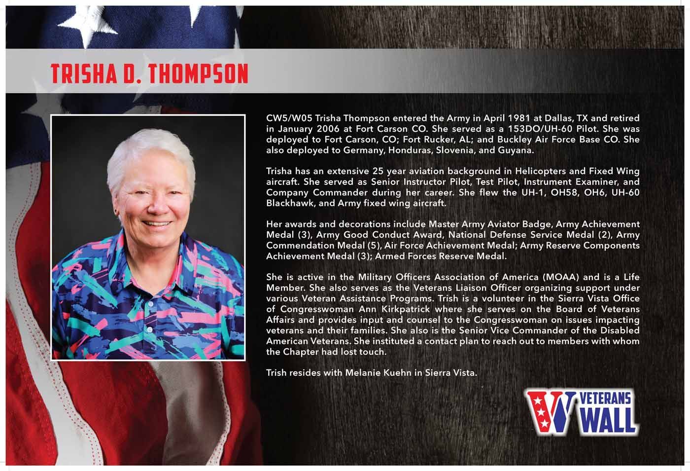 Trisha D. Thompson. Photo of a woman smiling. U.S. flag background. Text describes her military career and service.