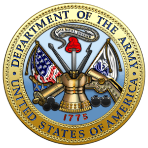 United States Army seal with crossed flags, weapons, and the phrase 