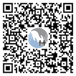 QR code with a logo of hands cupping a family in the center.