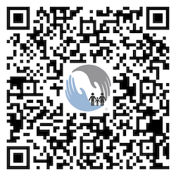 QR code with a logo of two hands in a circle holding a family icon.