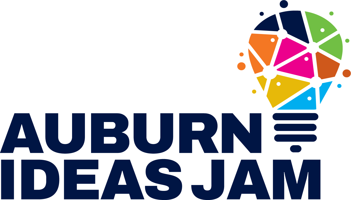 Logo for Auburn Ideas Jam: Colorful, geometric lightbulb shape above text.