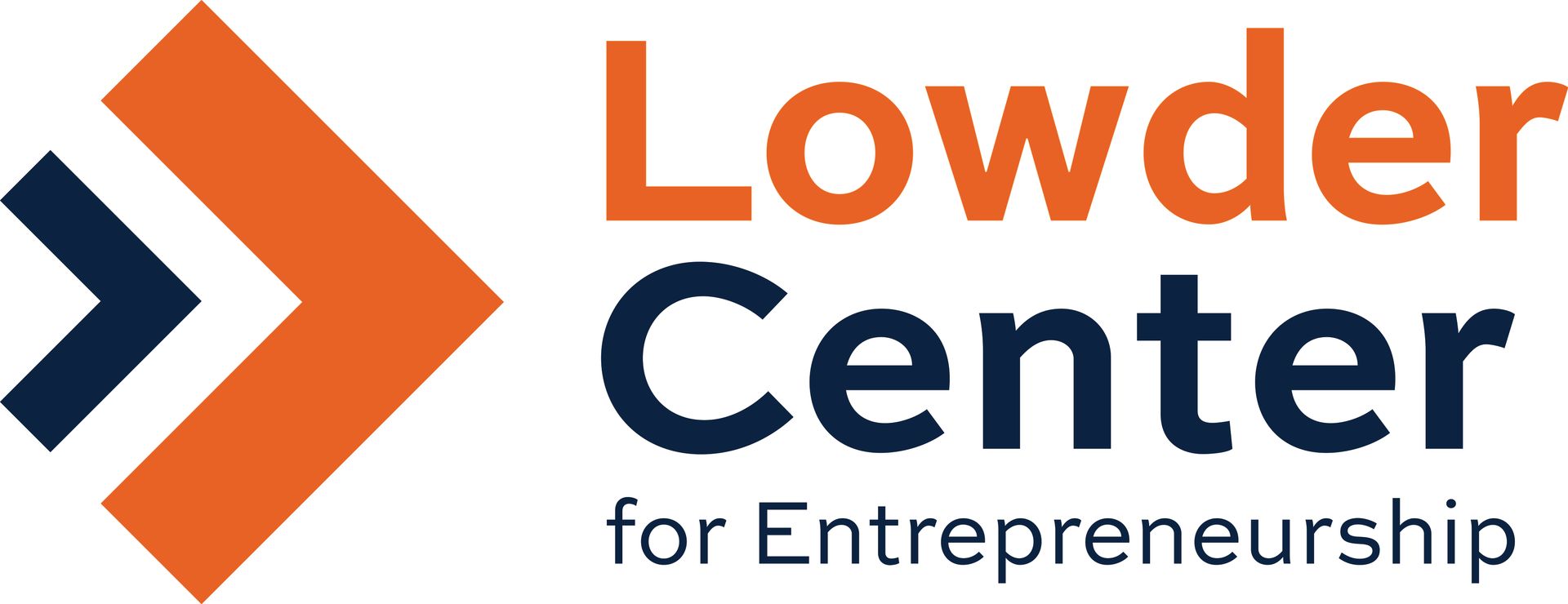 Logo for the Lowder Center for Entrepreneurship. Features a dark blue and orange directional arrow next to the name in orange and navy blue.