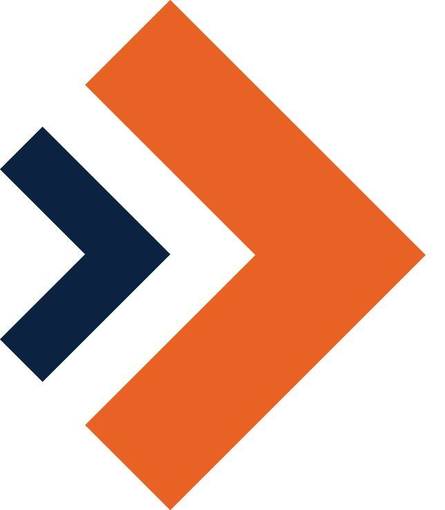 Two abstract arrows, one navy and one orange, point right, suggesting progress.
