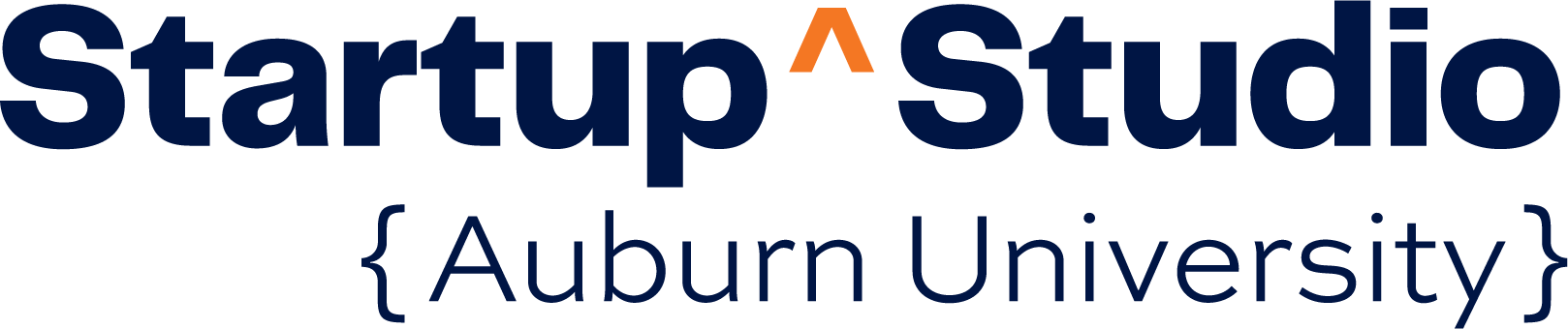 Startup Studio, Auburn University logo in navy blue with an orange upward-pointing triangle over the letter “p” in “Startup.”