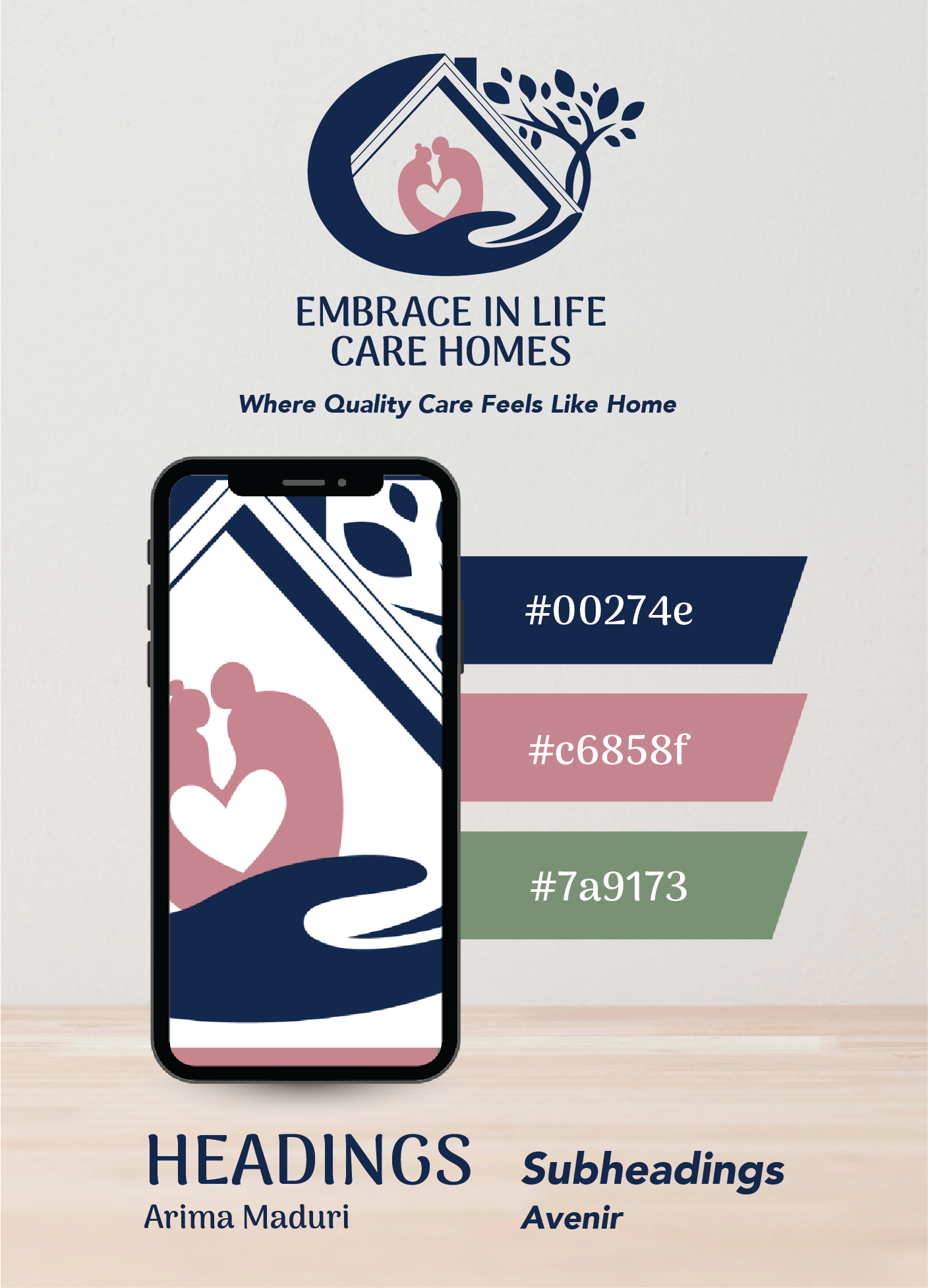 A cell phone is sitting on a wooden table next to a poster for embracing life care homes.