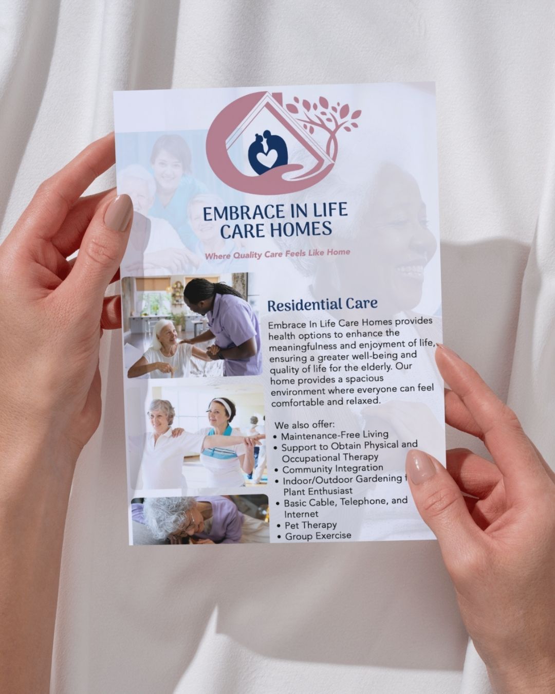 A person is holding a flyer for embrace in life care homes.