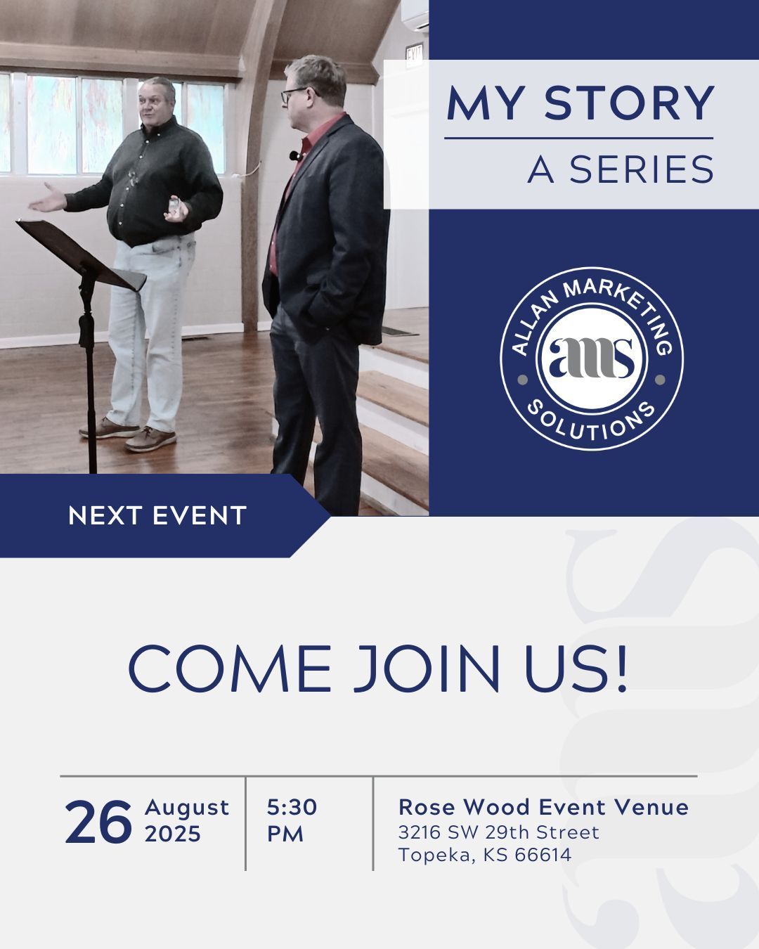 A poster for an event called my story a series