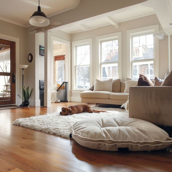 clean living room with dog laying down