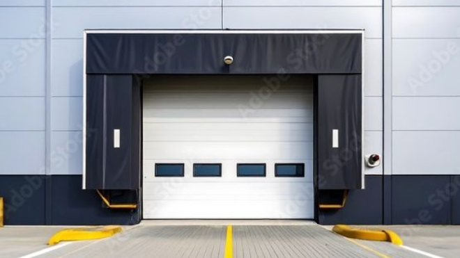 Loading dock door on a gray industrial building, with black rubber seals and yellow wheel guides.