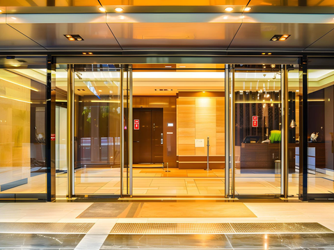 Glass automatic doors open into a building lobby with an elevator visible.