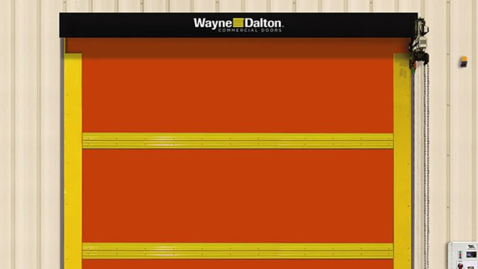 Orange commercial roll-up door with yellow frame and Wayne Dalton logo, mounted on a building.