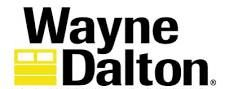Wayne Dalton logo: Black text with a yellow garage door graphic.