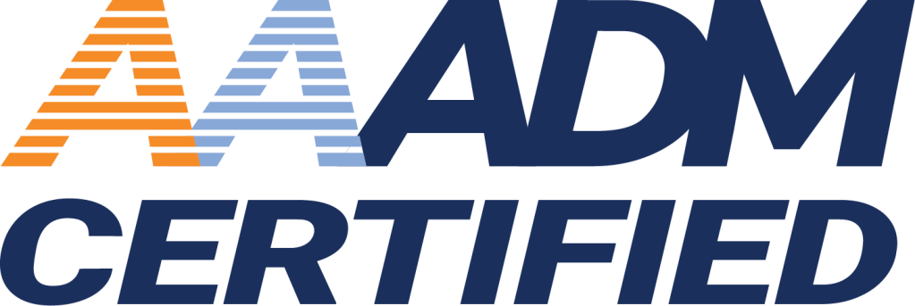 AAADM Certified logo with orange, light blue, and dark blue text.