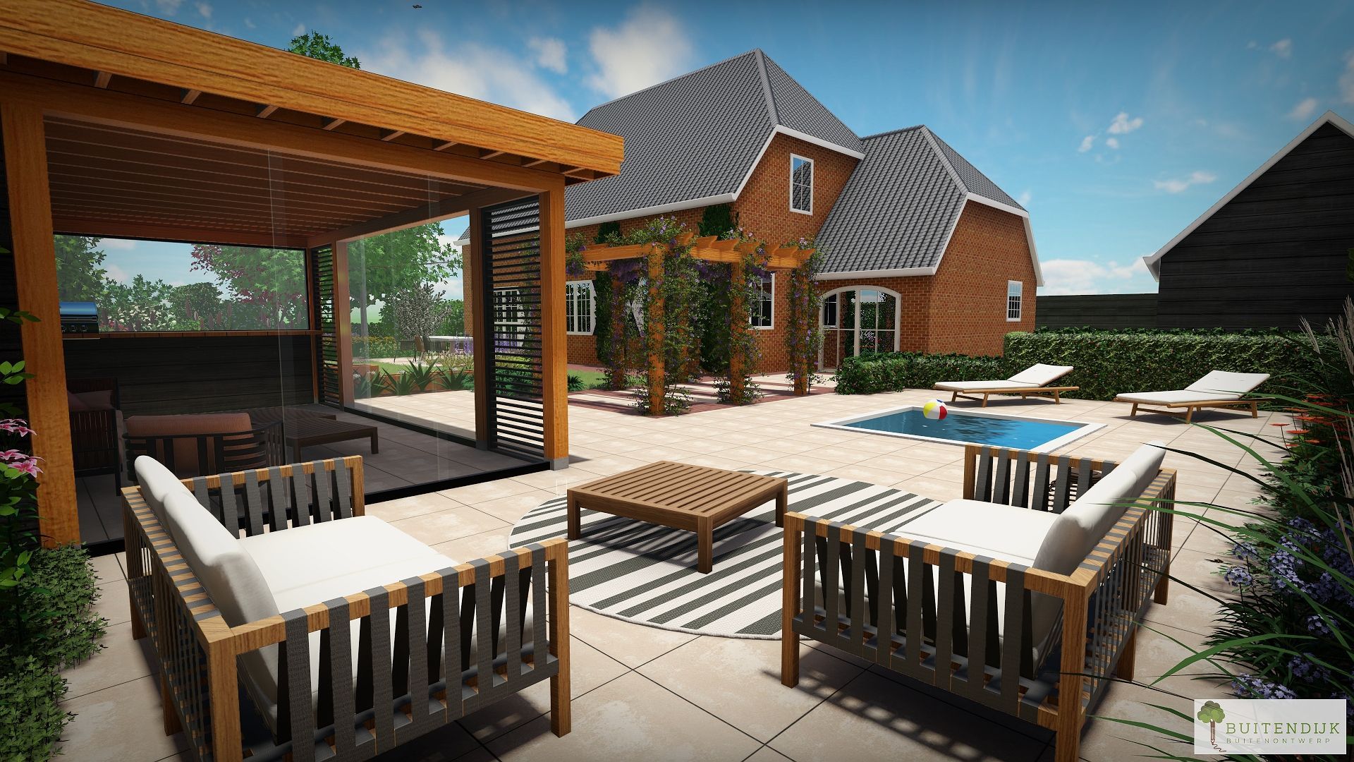 Een computergegenereerde afbeelding van een terras met meubilair en een pergola.