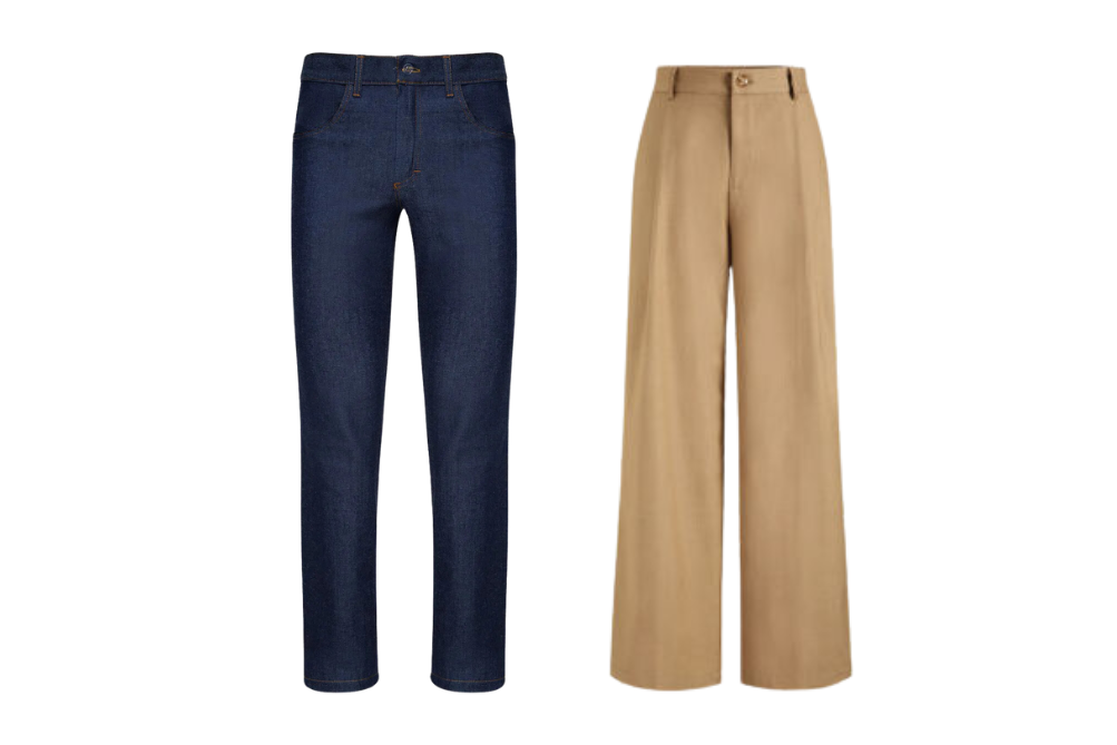 Um par de jeans e uma calça cáqui em um fundo branco.