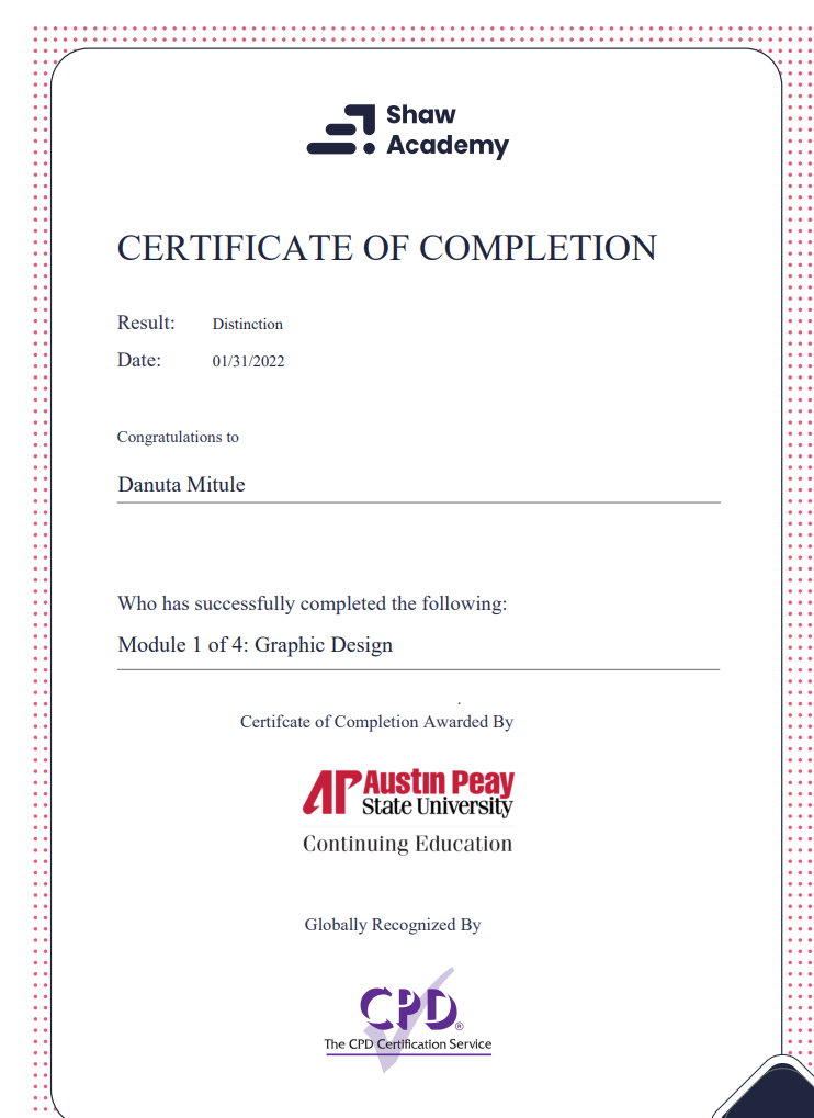 Certificate Danuta Mitule Graphic Design Shaw Academy