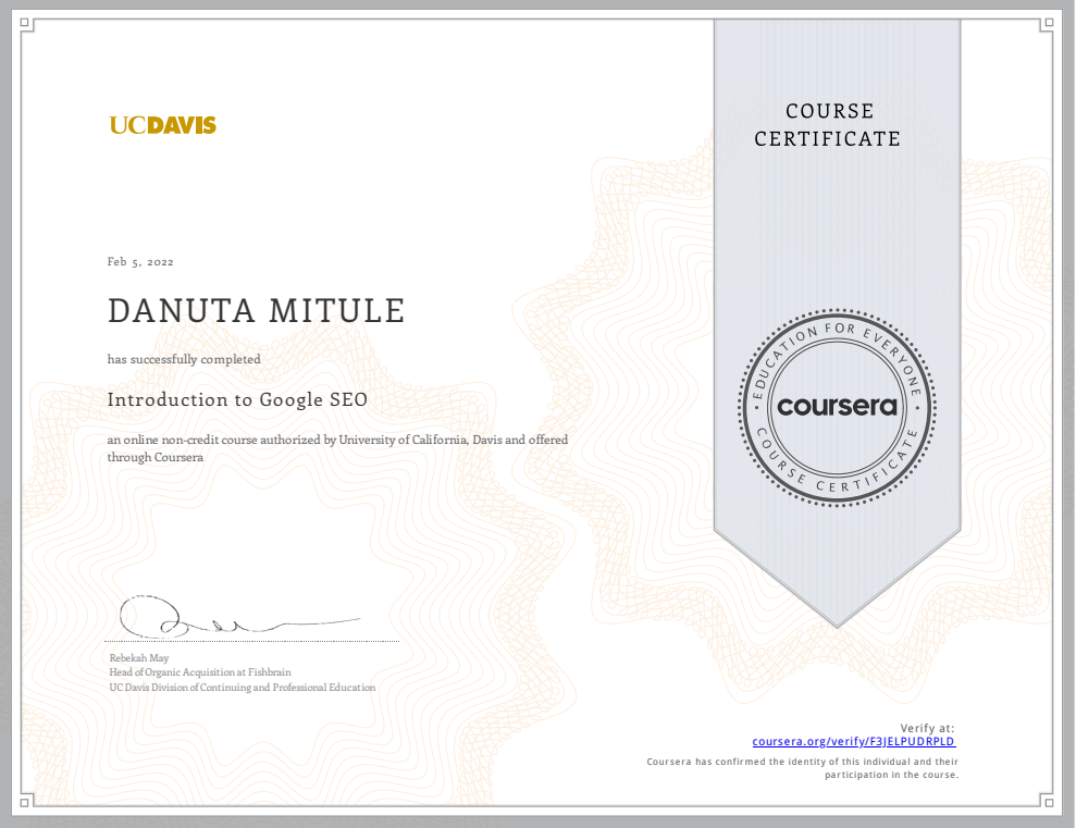 Certificate Danuta Mitule SEO Coursera