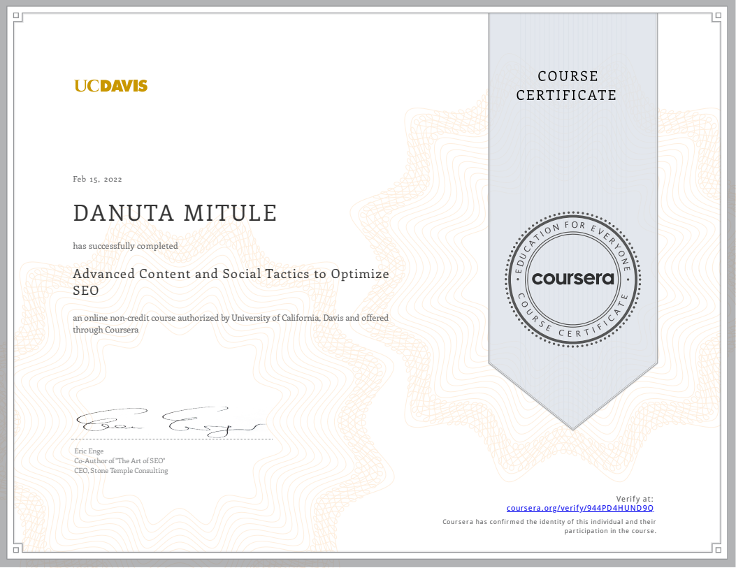 Certificate Danuta Mitule SEO Coursera