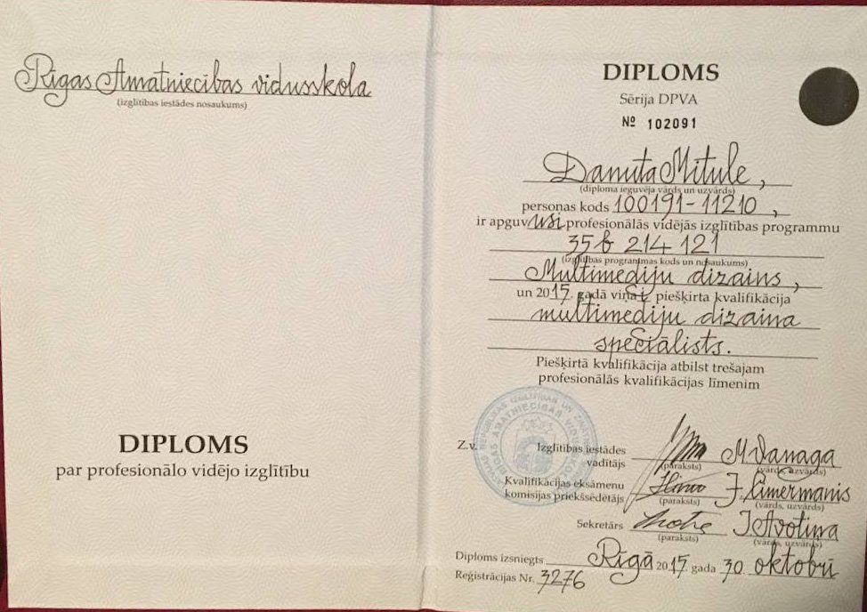 Diploma Danuta Mitule 3d level professional degree in multimedia design
